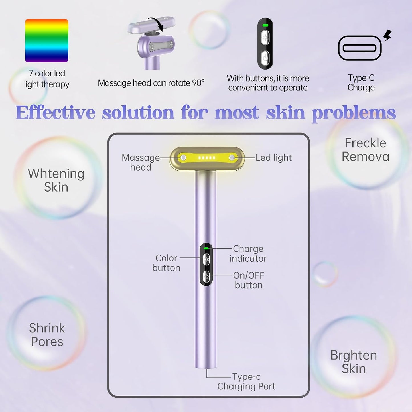 Light-Therapy-Wand, Red Light Therapy for Face and Neck Facial Wand 7 in 1 Led Beauty Wand Red & Blue Rejuvenation Face & Eye Massager Skincare Tool